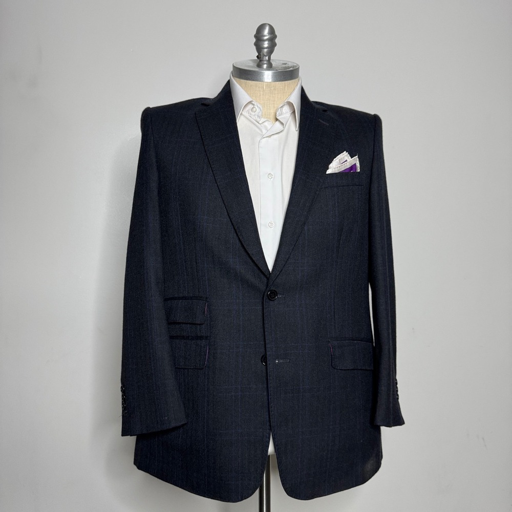 Custom Tailored Jacket Mens 44R Charcoal Grey Herringbone Windowpane Blazer